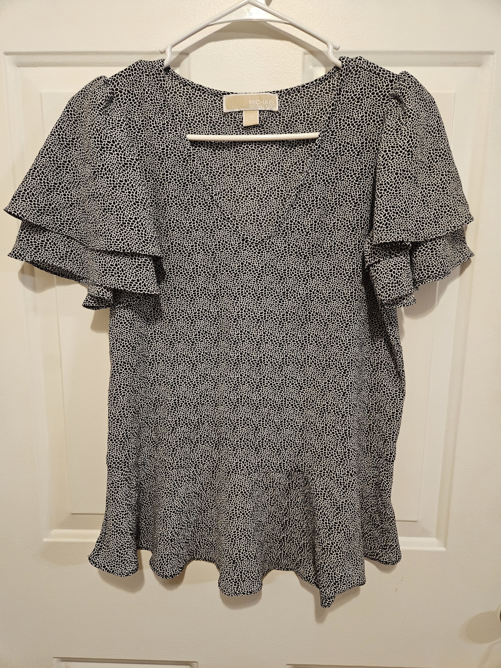 MICHAEL Michael Kors Black White Print Peplum Flutter Sleeve Blouse XS